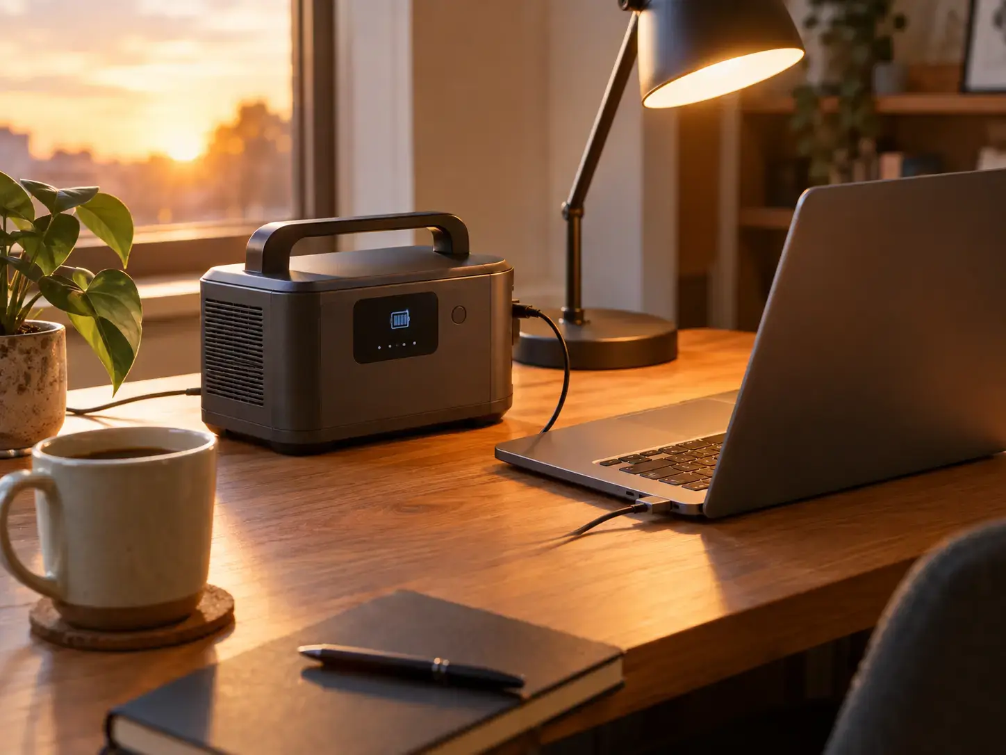 Kleine Powerstation auf einem Schreibtisch am Abend, ein Laptop hängt am Kabel