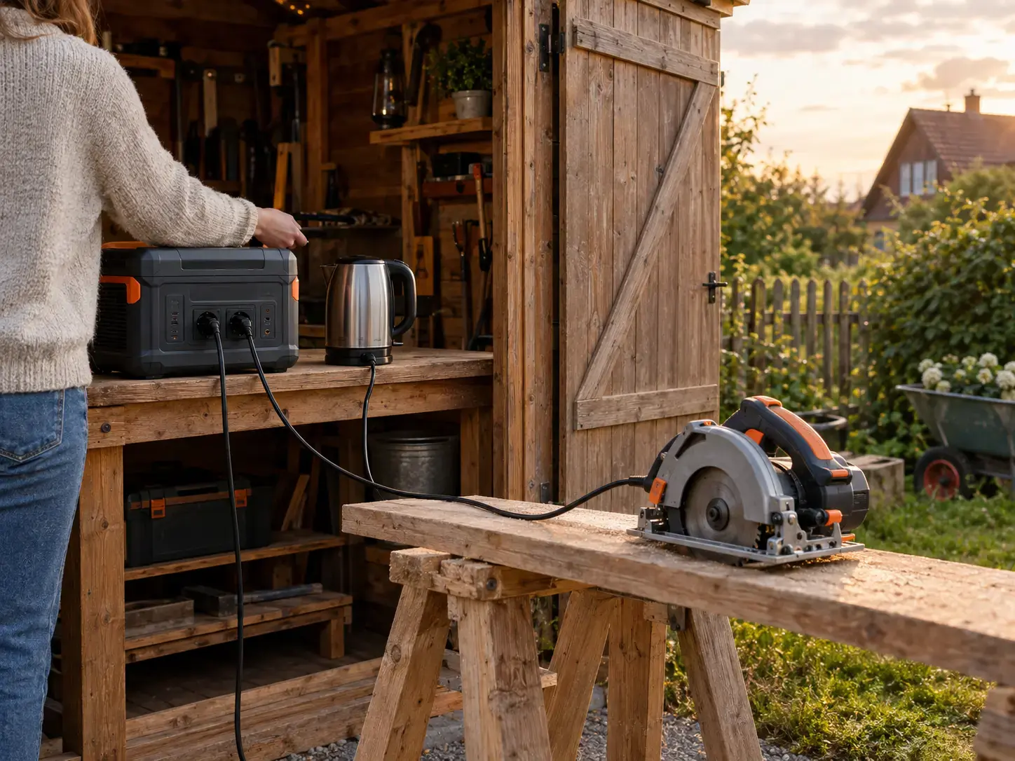 Große Powerstation im Gartenhaus versorgt Wasserkocher und Handkreissäge per Kabel