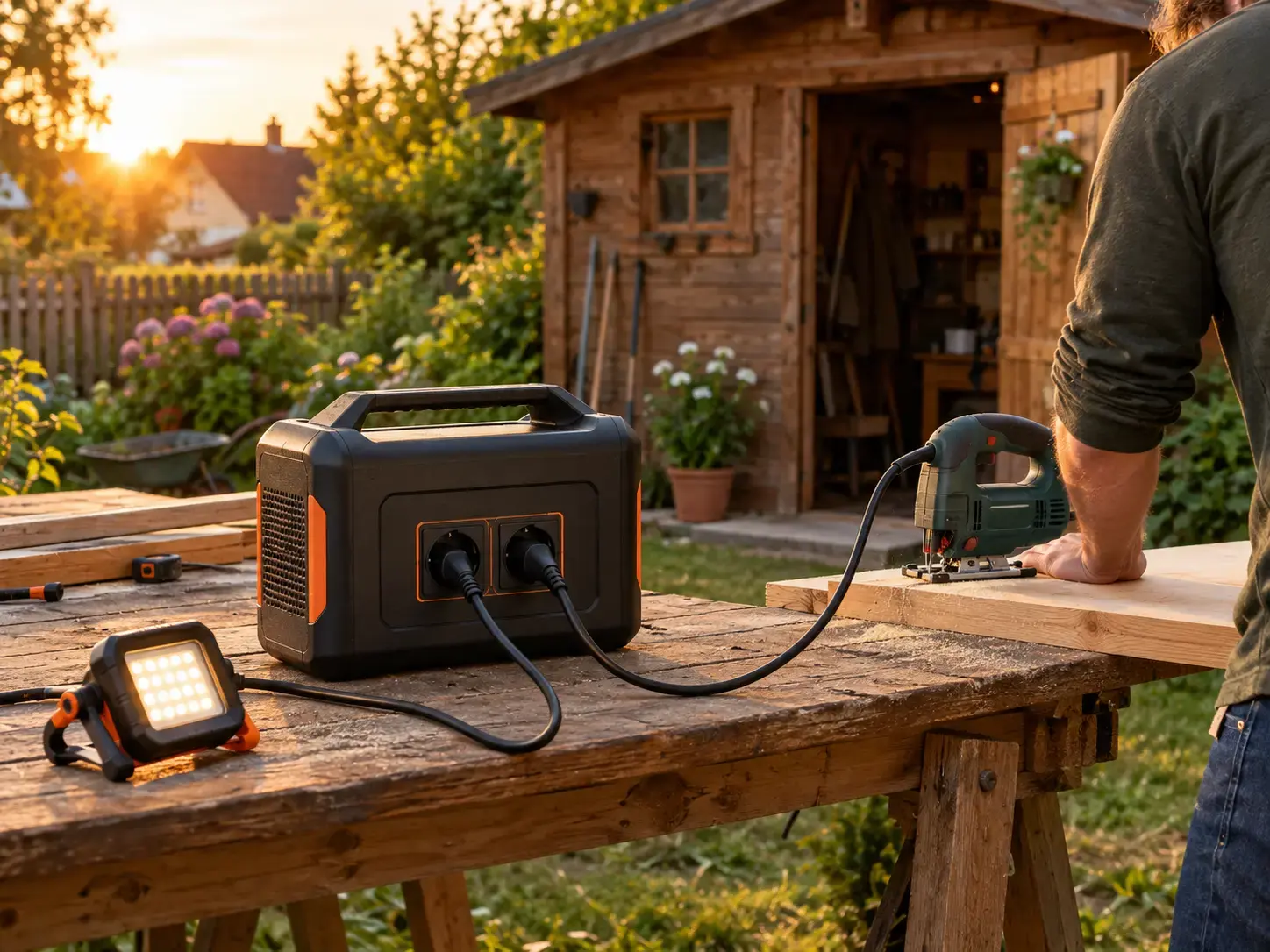 Powerstation auf Werkbank am Gartenhaus, Stichsäge und Arbeitslampe angeschlossen