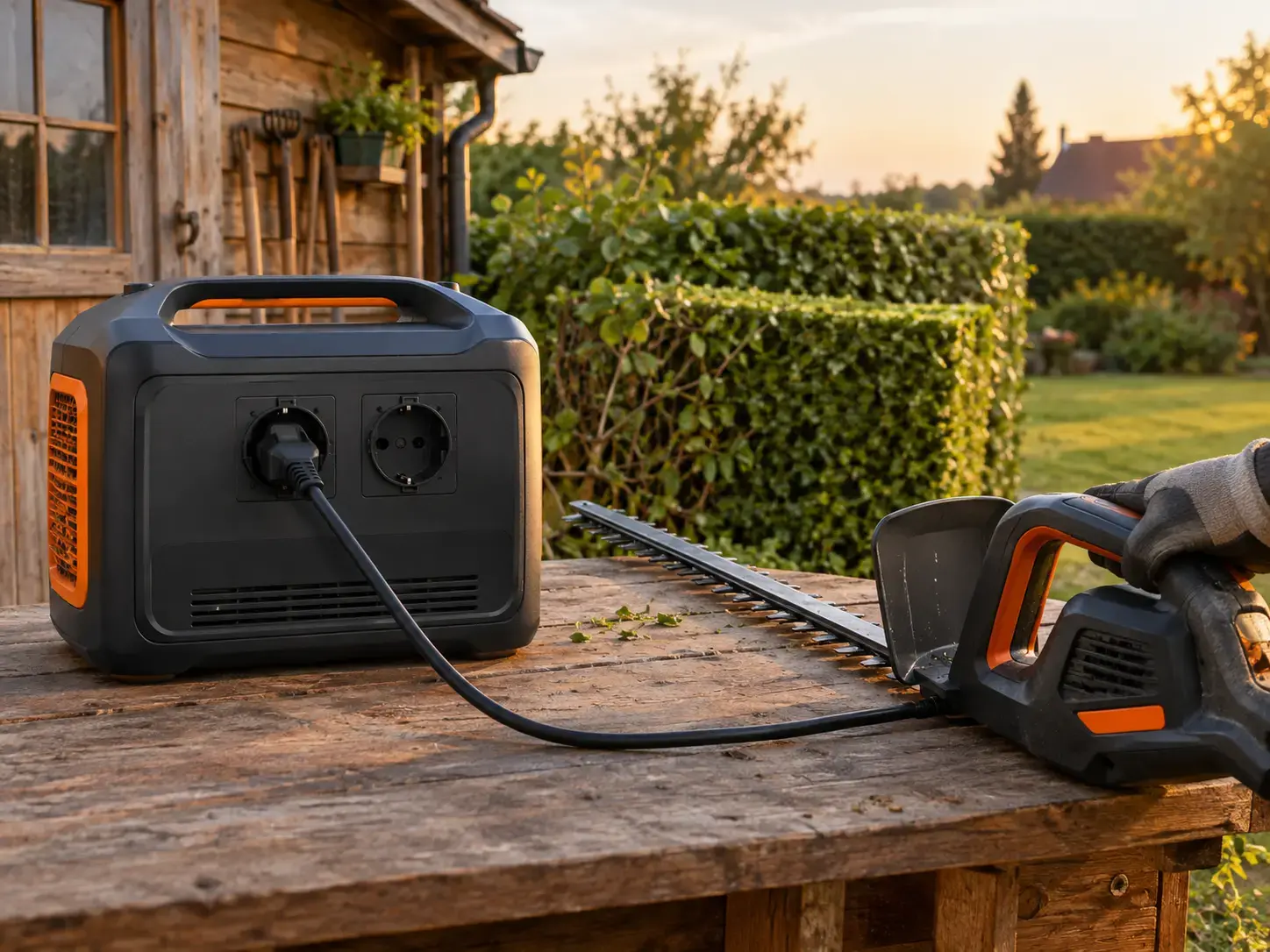 Powerstation auf Werkbank im Garten, eine Heckenschere ist per Kabel angeschlossen