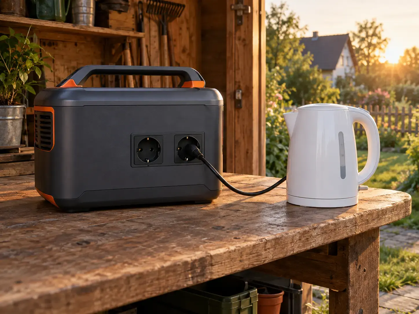 Große Powerstation auf einer Werkbank im Gartenhaus, daran ein Wasserkocher per Kabel
