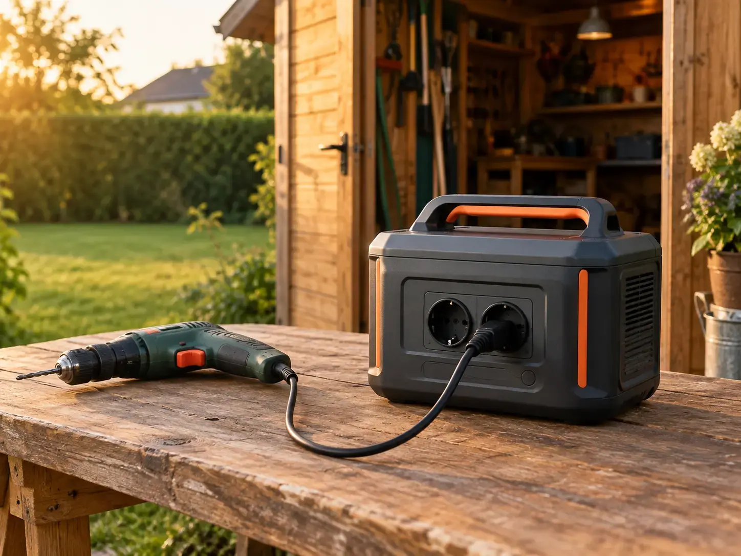 Tragbare Powerstation auf einer Werkbank im Garten mit angeschlossener Bohrmaschine