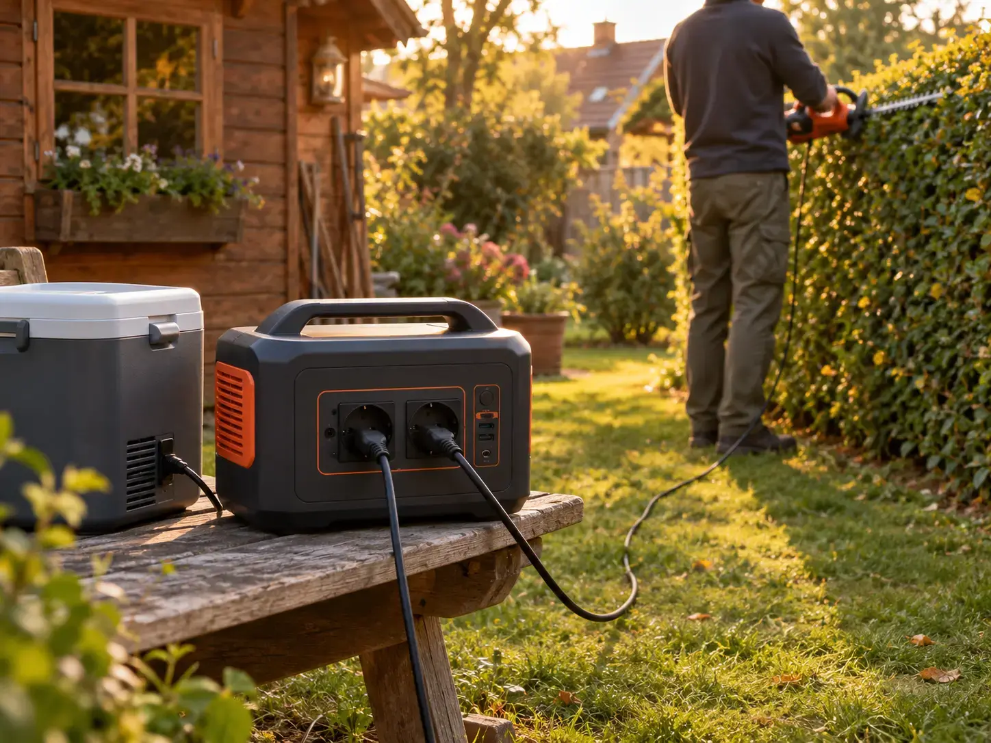 Powerstation auf Gartenbank versorgt Heckenschere und Kühlbox im Garten