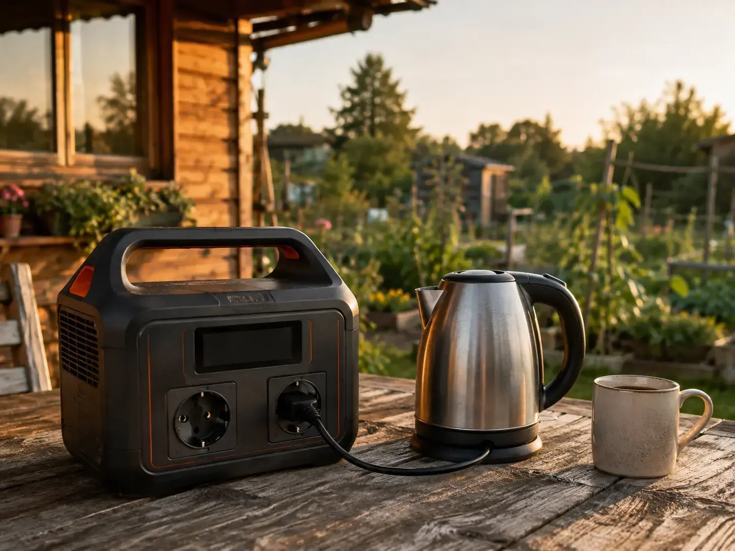 Powerstation auf einem Gartentisch, daran per kurzem Kabel ein Wasserkocher