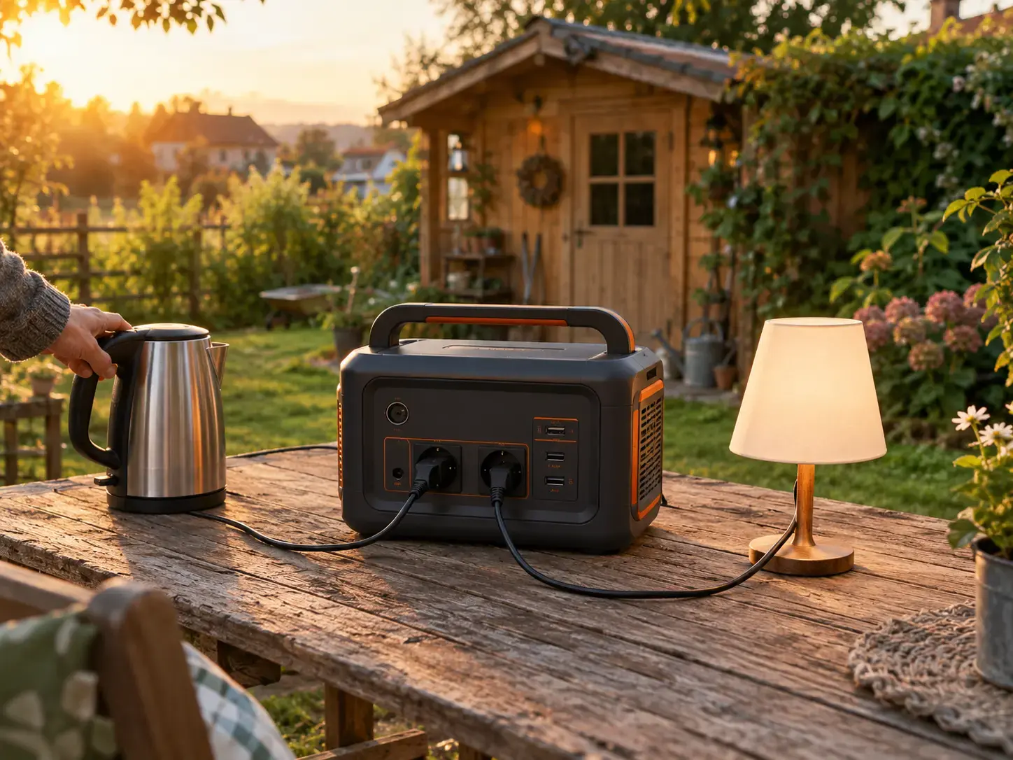Powerstation auf einem Gartentisch vor einem Gartenhaus, daran Wasserkocher und Tischlampe