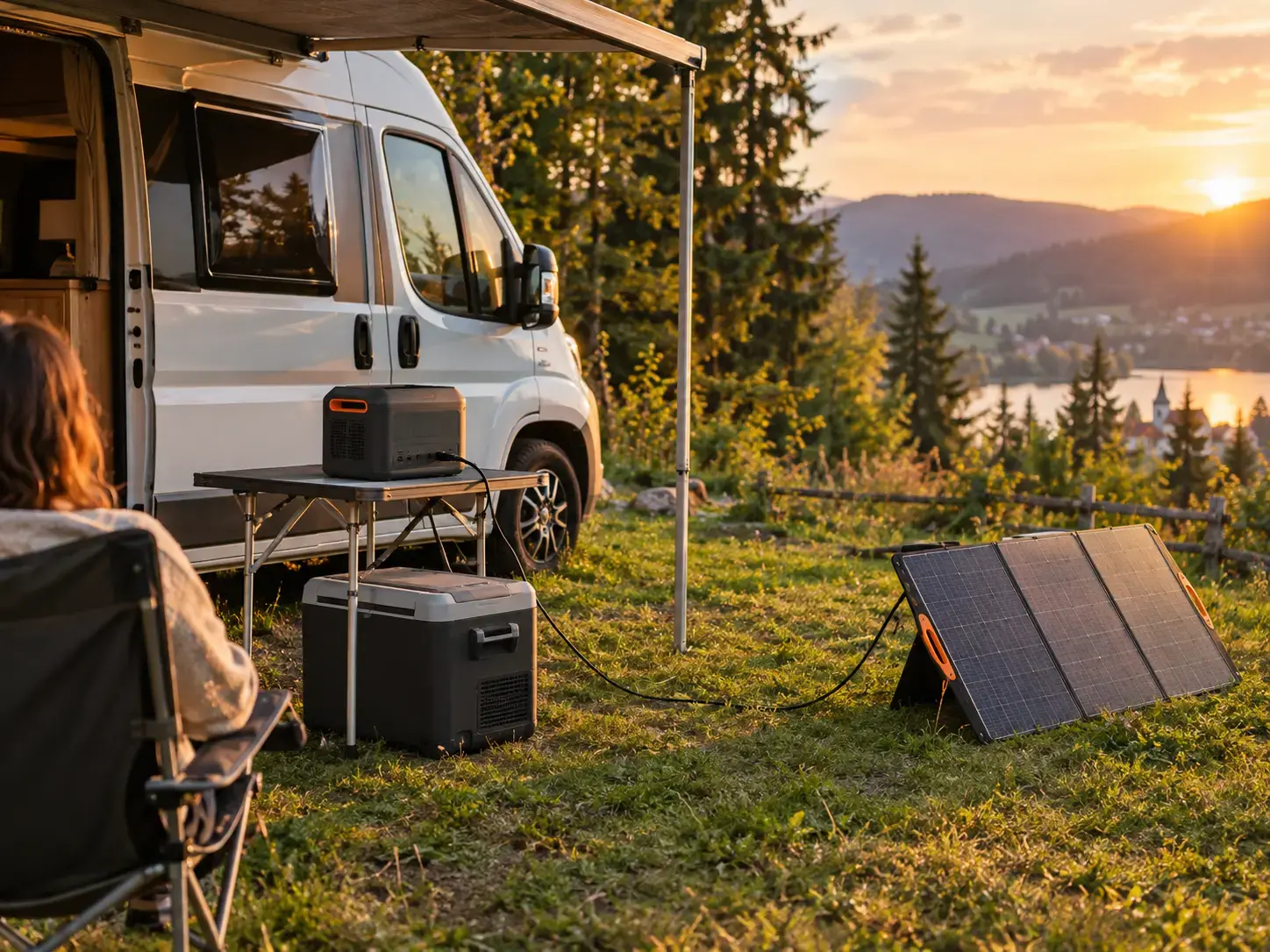 Powerstation unter der Markise eines Wohnmobils, angeschlossen an Kühlbox und Solarmodul