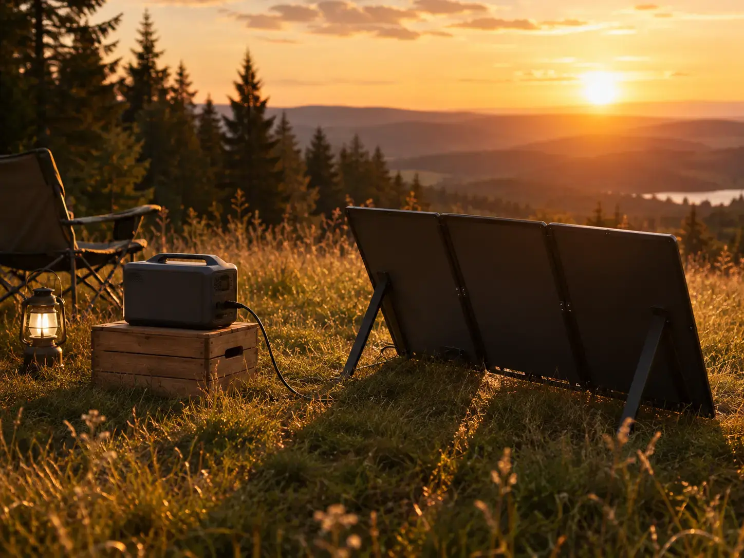 Powerstation auf einer Holzkiste auf der Wiese, daneben ein aufgeklapptes Solarmodul, das zur untergehenden Sonne zeigt